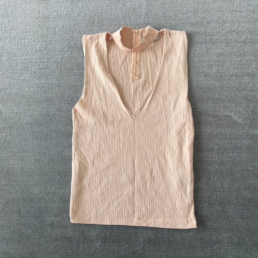 Zara Knit Tank Women M Beige Ribbed V Neck Choker Capsule Minimalist Zip Classic
